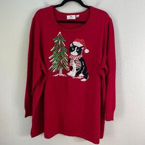 Quacker Factory Womens Plus 3X Red Christmas Cat Sweater Sequins Long Sleeve Top
